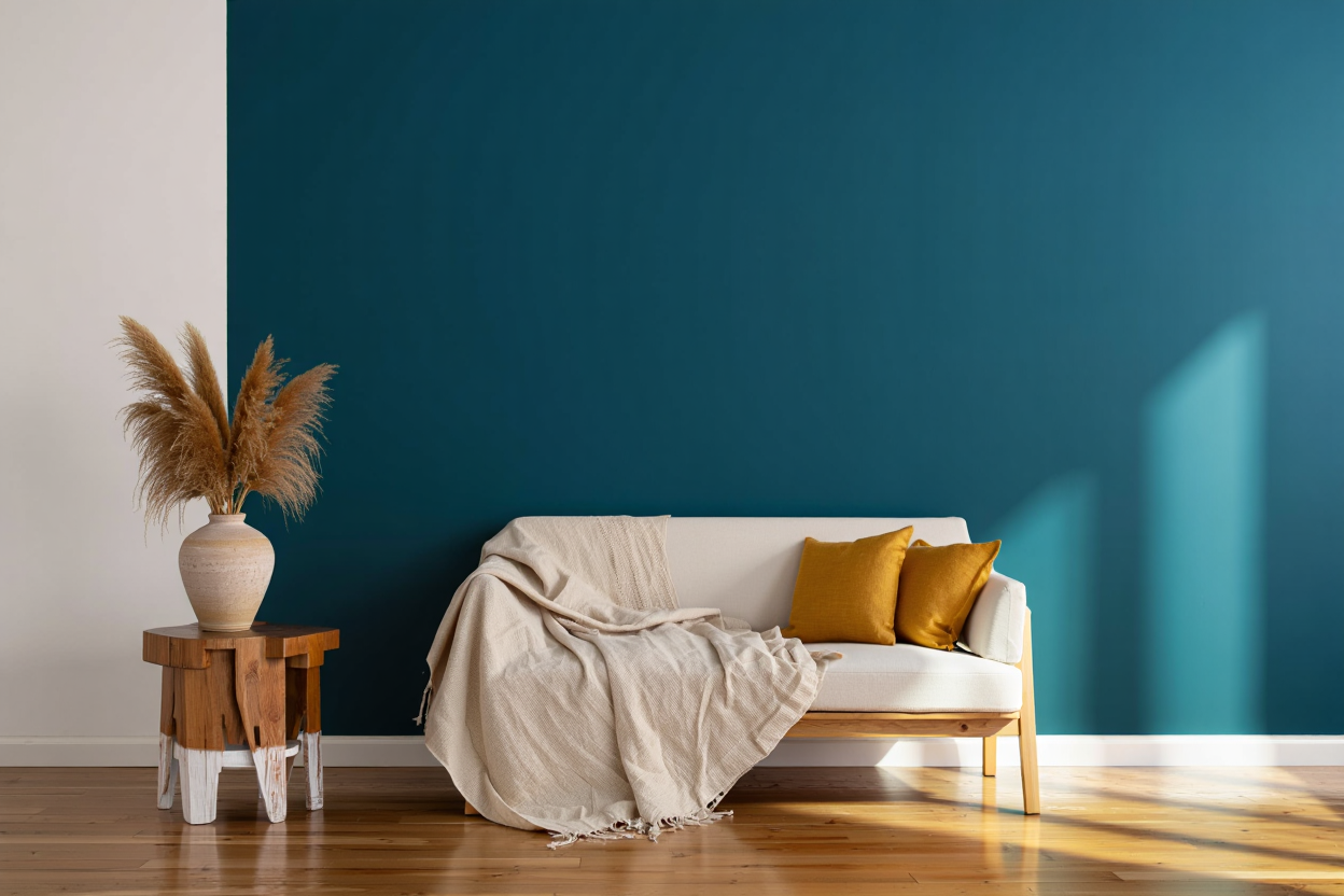 Salon moderne avec mur bleu émeraude, canapé beige et coussins jaunes, couverture neutre sur le devant, entourage bois clair et vase pampas sur table rustique. Relooking déco petit budget.