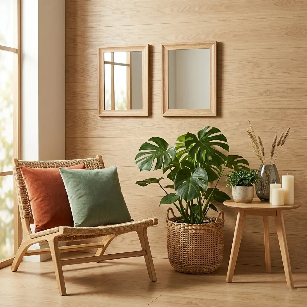 Coin cocon chaleureux avec fauteuil en bois, coussins couleur ocre et vert, plante monstera en panier, table basse ronde et bougies. style intérieur design.