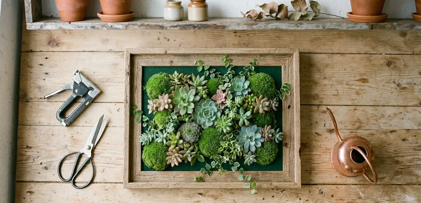 Tableau végétal DIY en cadre bois avec succulentes, mousse et ficus pumila, version accessible pour créer un mur végétal en appartement