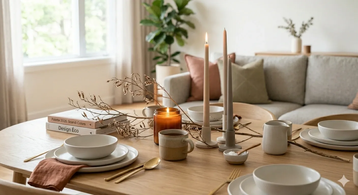 Table de salle à manger élégante avec vaisselle blanche, bougies et décor naturel, ambiance chaleureuse et lumineuse.