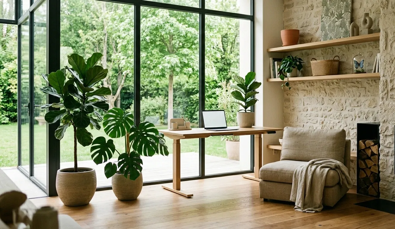 Salon lumineux avec grande baie vitrée, plantes d’intérieur, bureau en bois et canapé douillet près d’un mur en pierre. Intérieur design moderne.