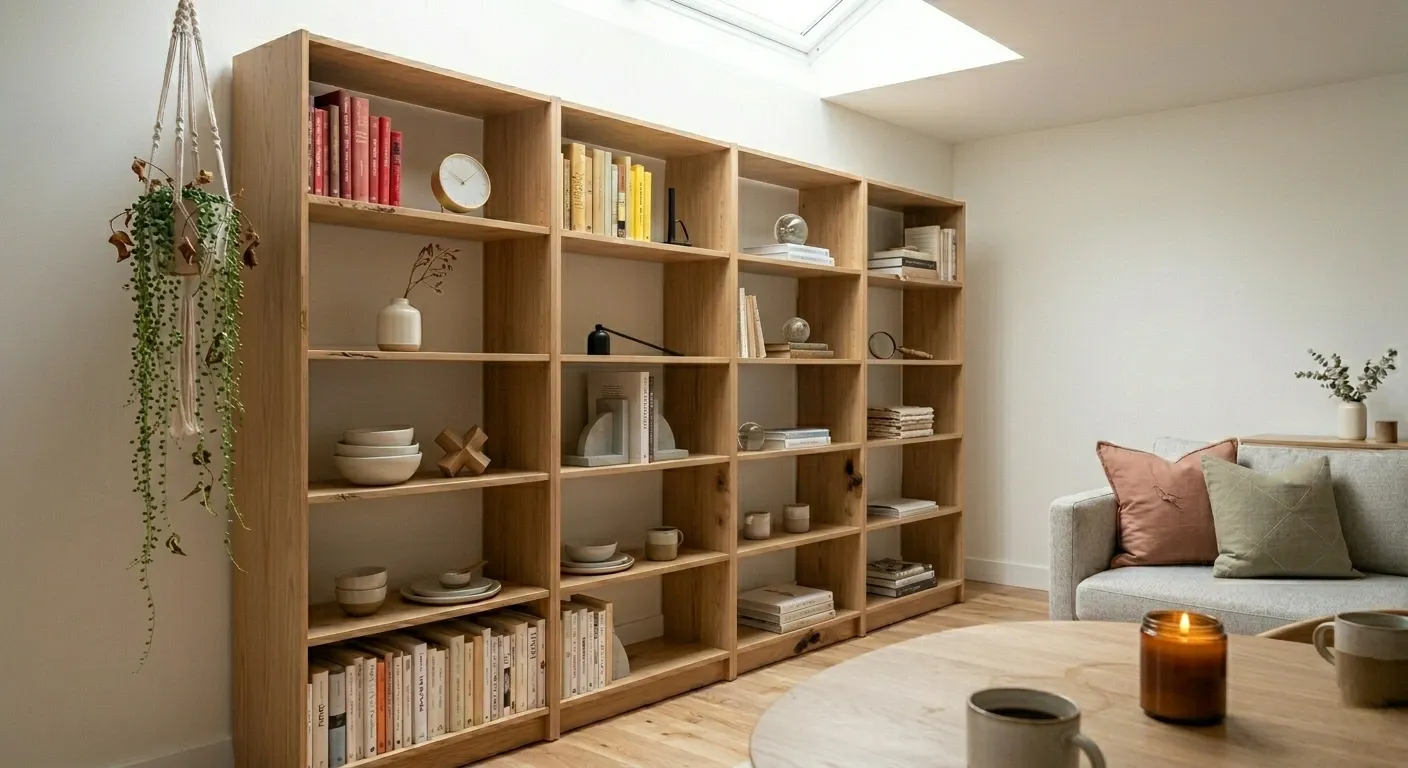 Grand meuble bibliothèque en bois clair remplis de livres et d’objets décoratifs dans un salon lumineux.