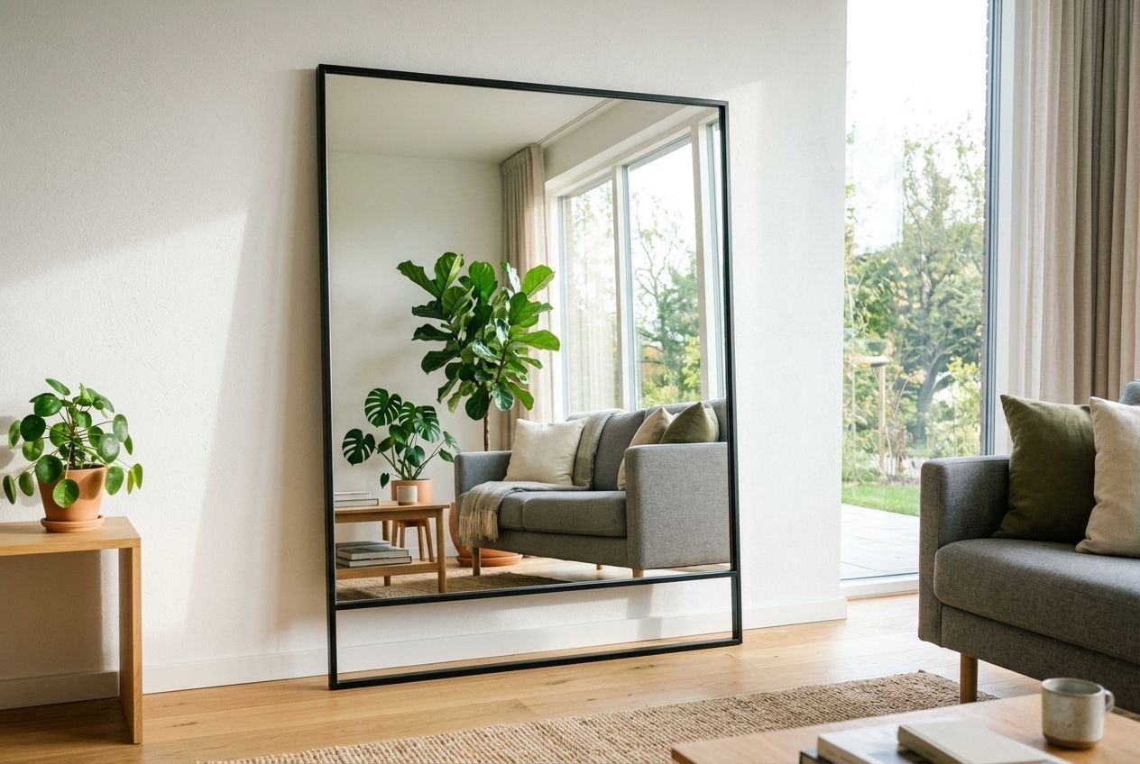 Miroir face à une fenêtre dans un salon lumineux