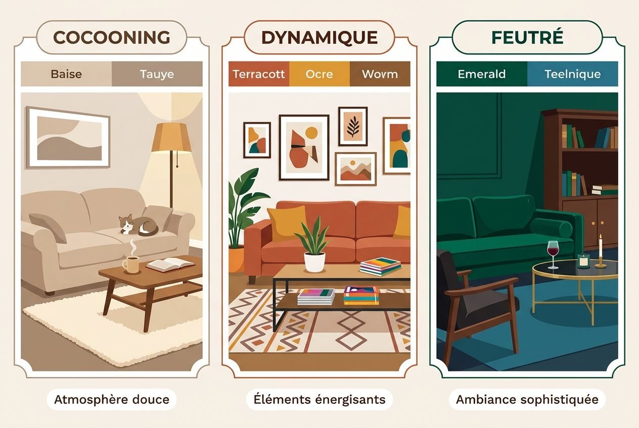 Palette de couleur peinture pour salon montrant trois styles: cocooning, dynamique et feutré, avec mobilier et ambiance correspondante.