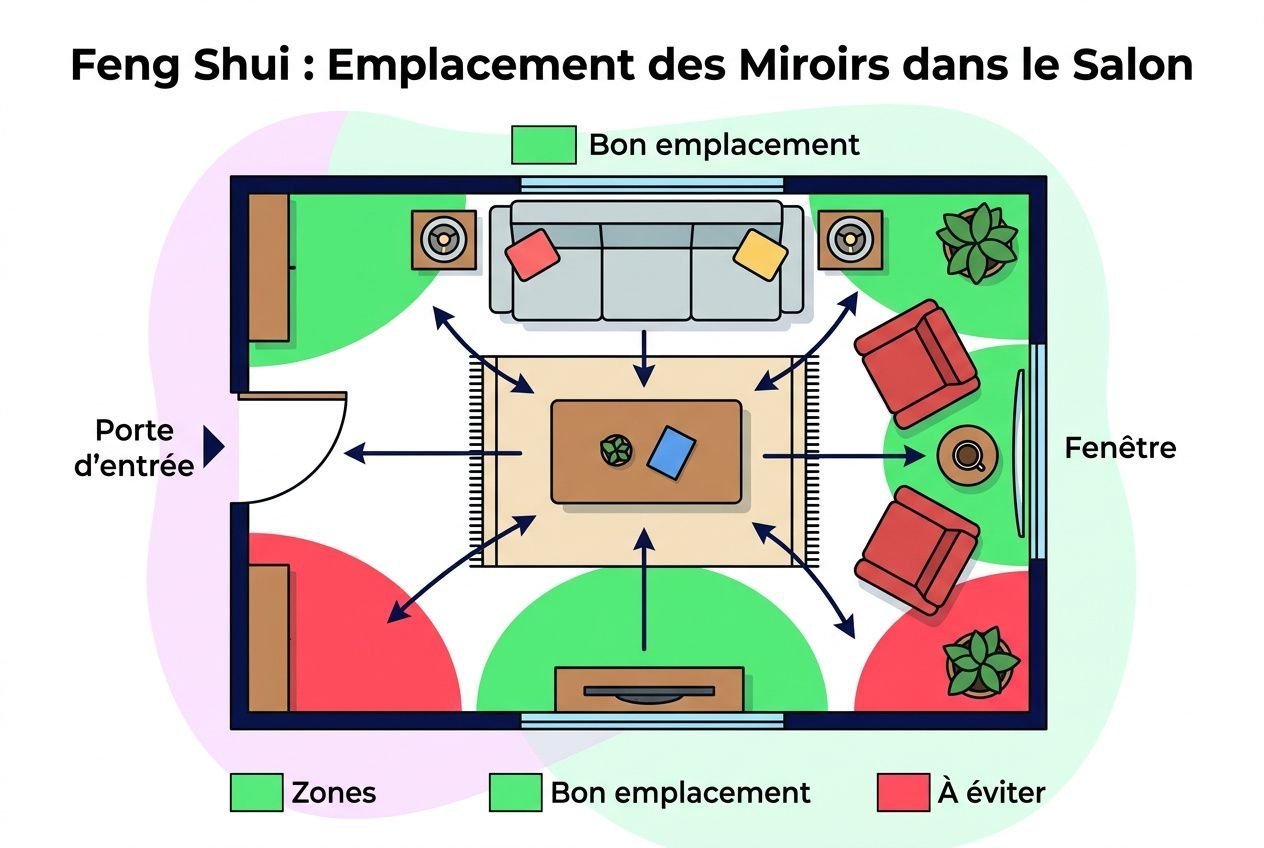 Schéma feng shui des placements de miroir en salon