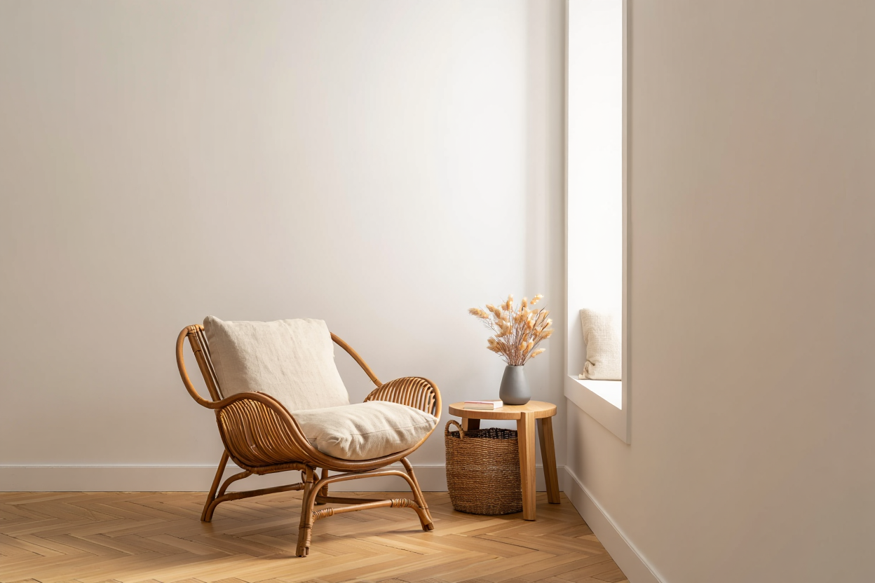 Fauteuil en rotin avec coussin clair, près d'une fenêtre; table ronde en bois et panier en osier, décoration naturelle chaleureuse. Matières naturelles décoration.