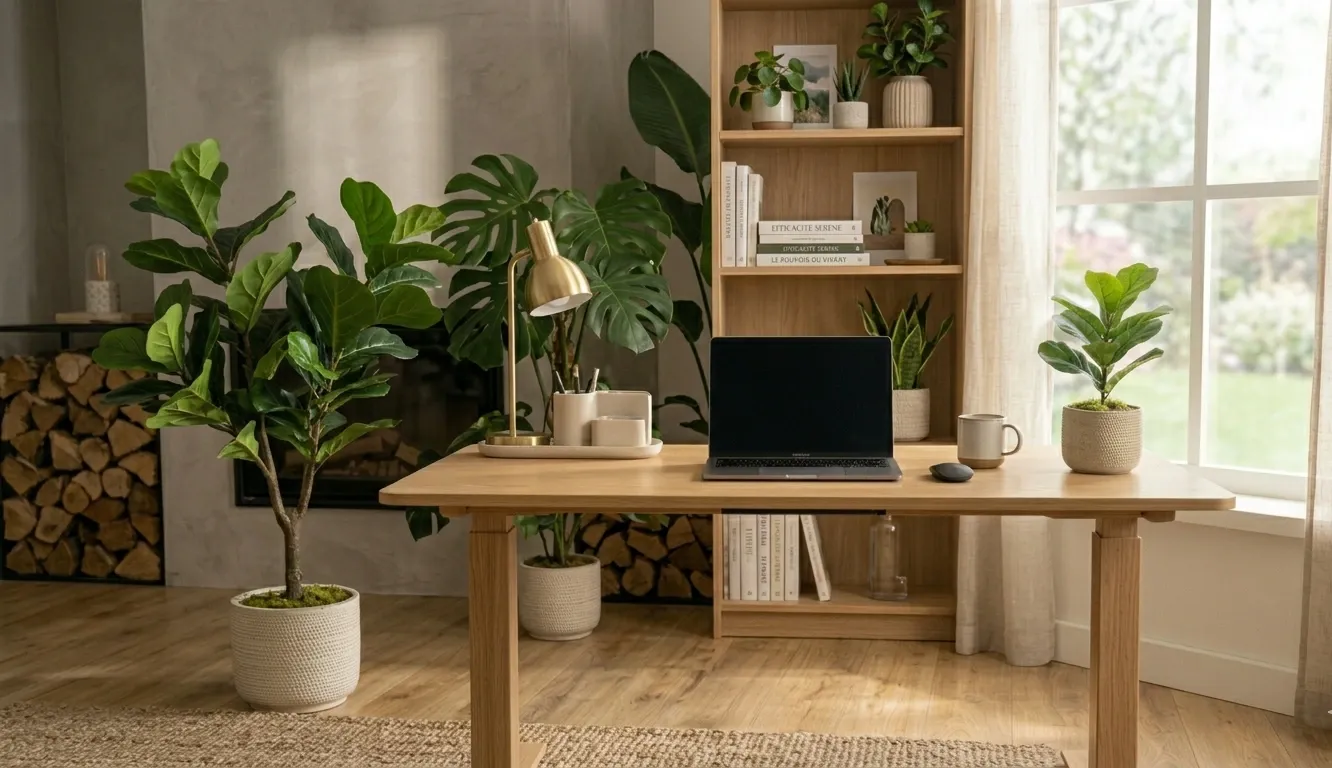 Bureau moderne en bois dans un espace lumineux, avec lampe de bureau, ordinateur portable et plantes en pot, ambiance chaleureuse et décorative.