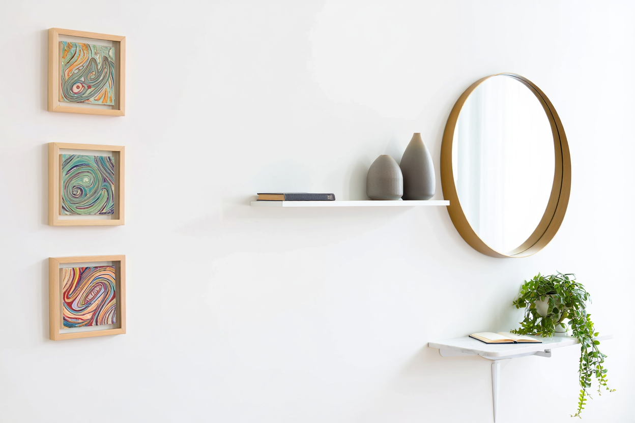 Mur blanc décoré avec art et accessoires