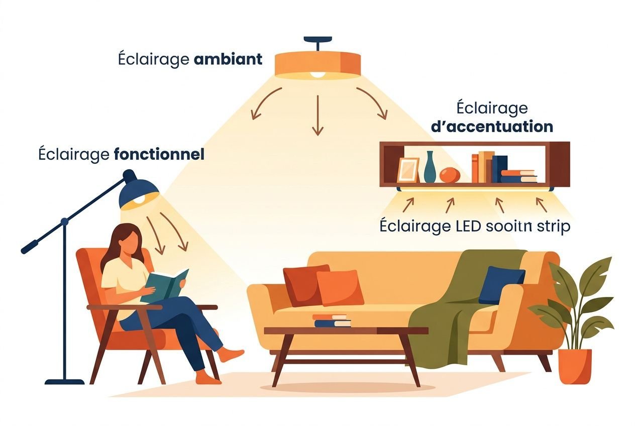 Relooking déco petit budget: meuble et accessoires simples dans un salon lumineux avec éclairage fonctionnel et ambiance chaleureuse.