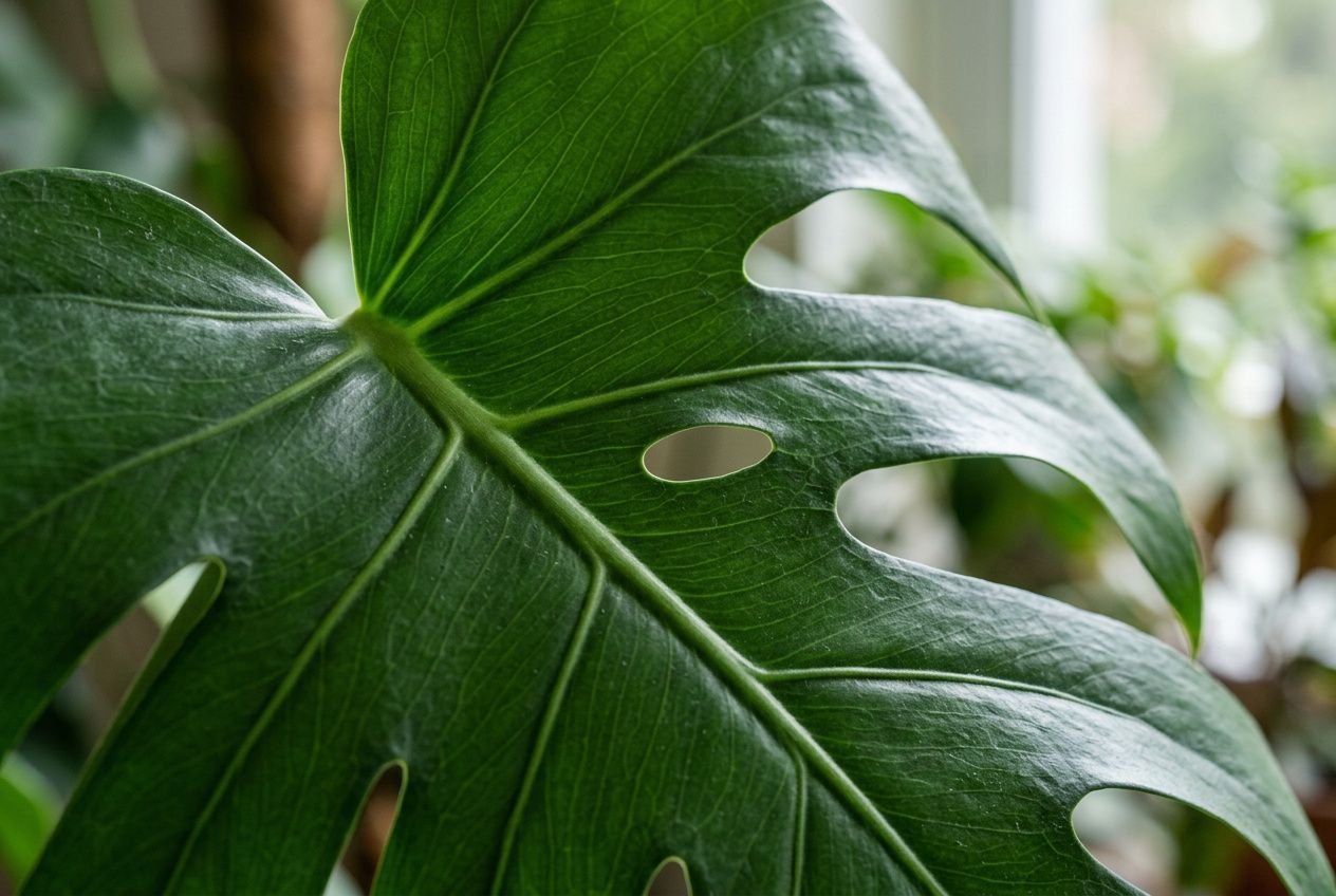 Feuille de monstera verte et lumineuse, illustration de la tendance décoration plantes 2026 pour un intérieur vivant.
