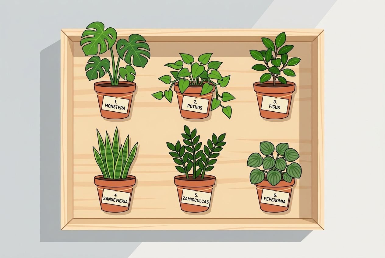 Illustration de six plantes d’intérieur disposées dans un cadre en bois, labels Monstera, Pothos, Ficus, Sanseviéria, Zamiculcas et Peperomia, selon la tendance décoration plantes 2026