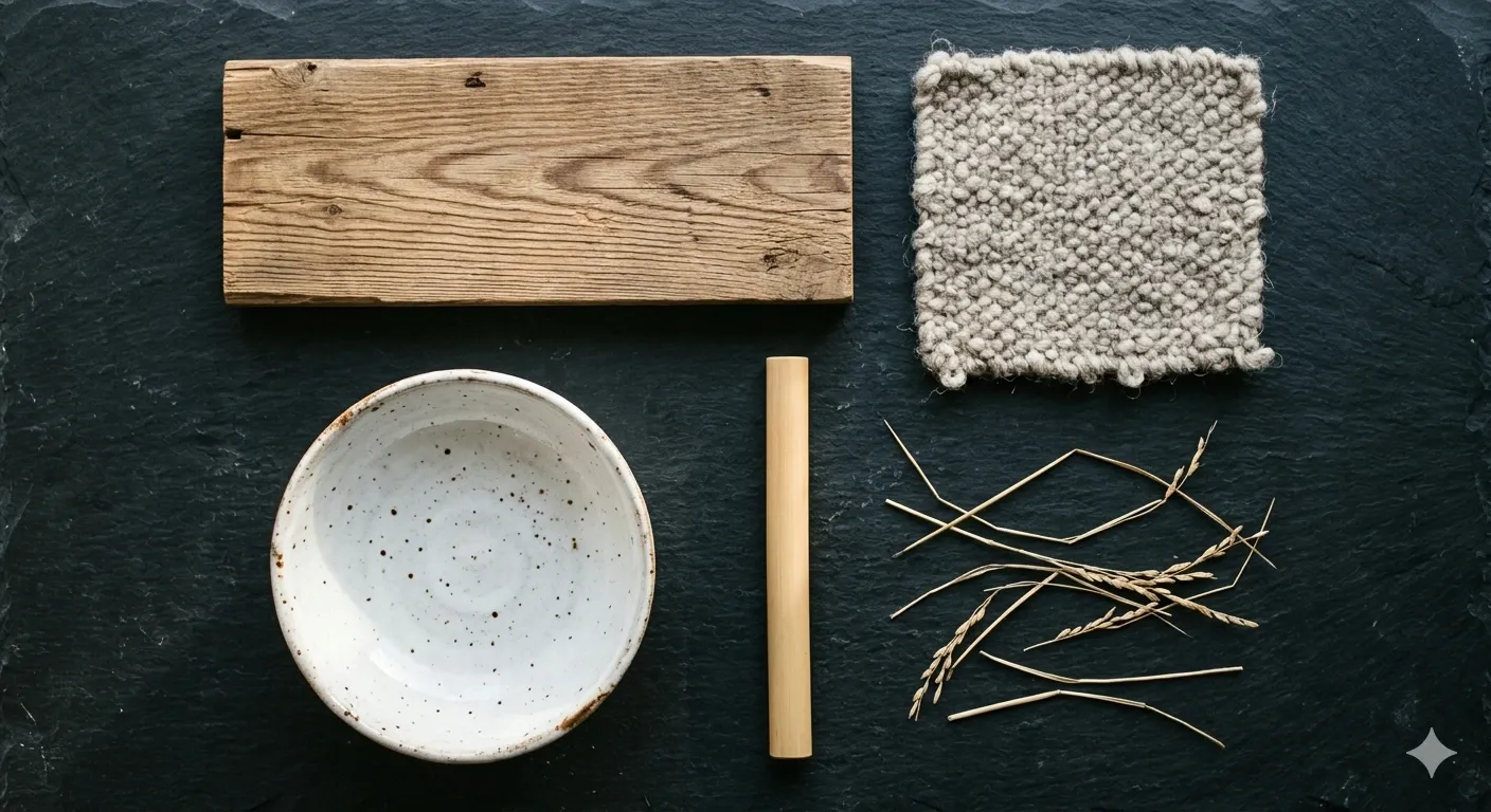 Flat lay matériaux japandi : bois naturel, laine grège, céramique artisanale blanche et bambou sur fond ardoise