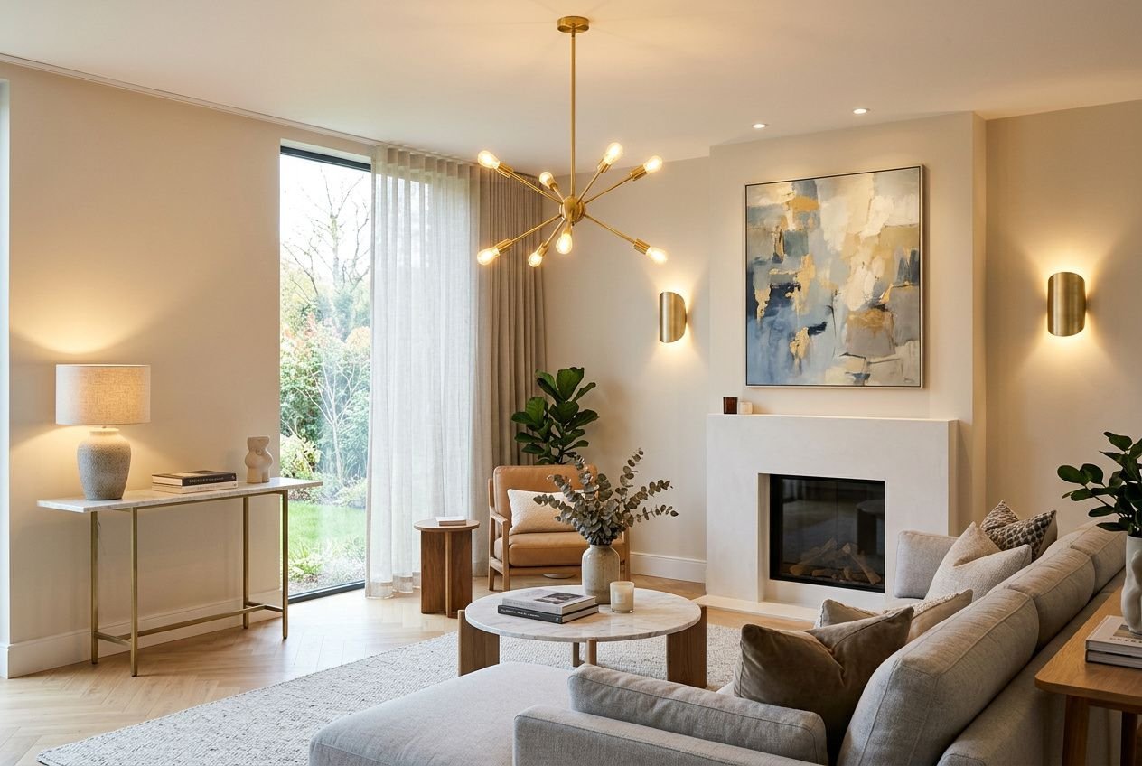 Salon avec trois couches d'éclairage