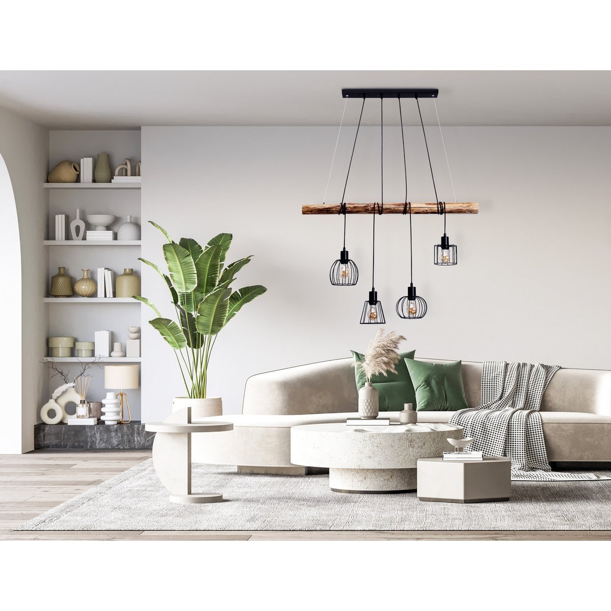 Suspension moderne avec une barre en bois suspendue et cinq ampoules encadrées de cages métalliques noir, dans un salon lumineux.