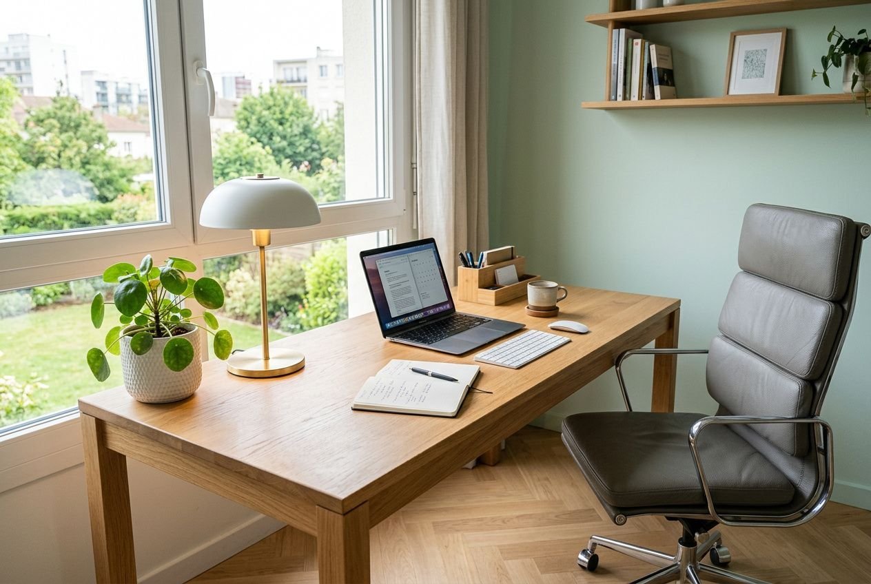 Bureau à domicile près d'une fenêtre avec lumière naturelle