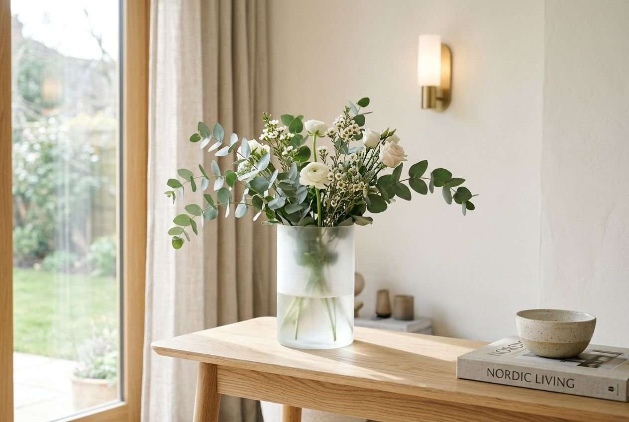 Vase design cylindrique dépoli sur console scandinave