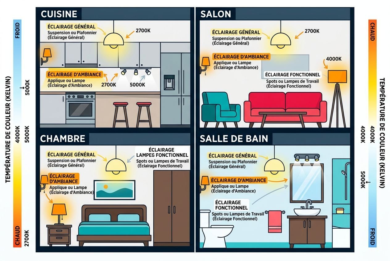 Schéma des trois couches d'éclairage par pièce