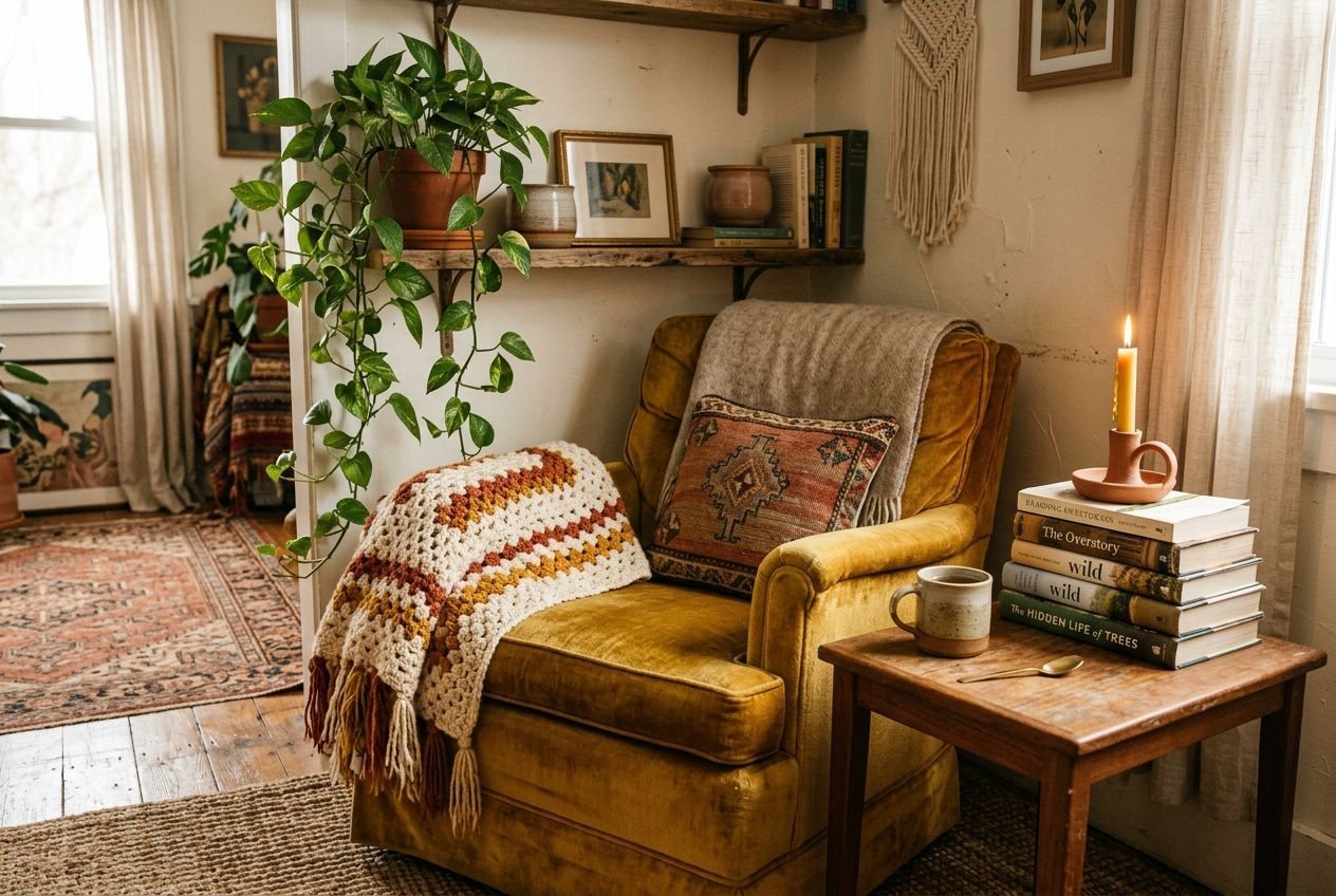 Coin lounge cosy et lumineux avec fauteuil jaune moutarde, plaid crocheté et coussin bohème, lampe, livres, et plante dans un intérieur décoré bohème chic.