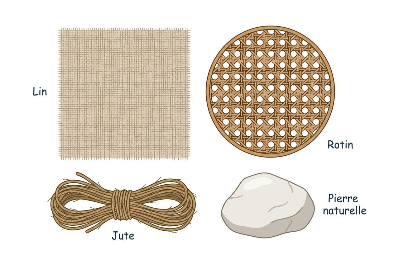 Papier ou textile montrant des matières naturelles décoration : lin carré, rotin en dessous rondé, jute en corde, pierre naturelle.
