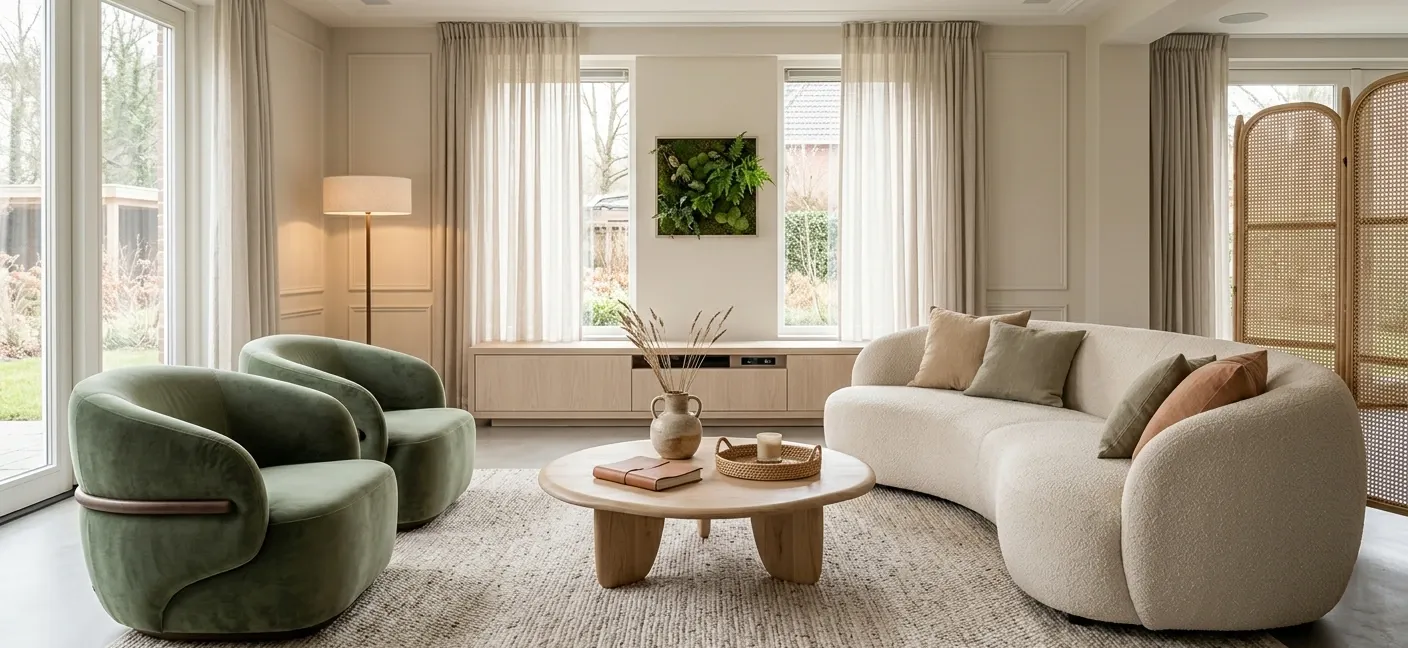 Salon moderne et lumineux avec canapé beige bouclé et fauteuils verts fumé, table basse ronde en bois et grandes fenêtres.