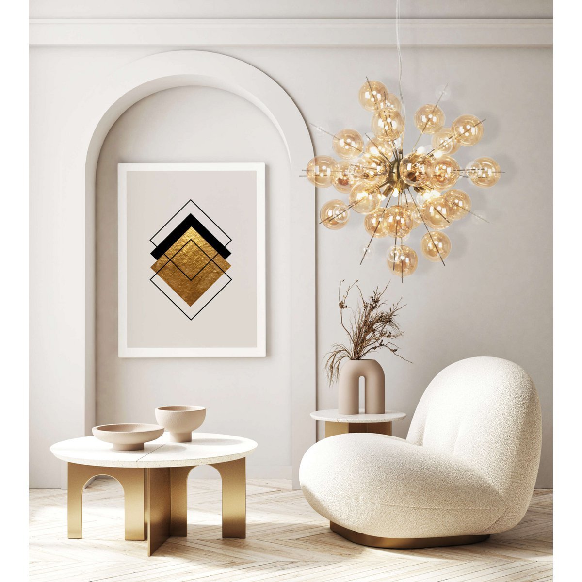 Salon moderne avec canapé bouclé beige, table basse ronde blanche et dorée, suspension lumineuse éclatante et œuvre d’art géométrique; ambiance chic et Douce.