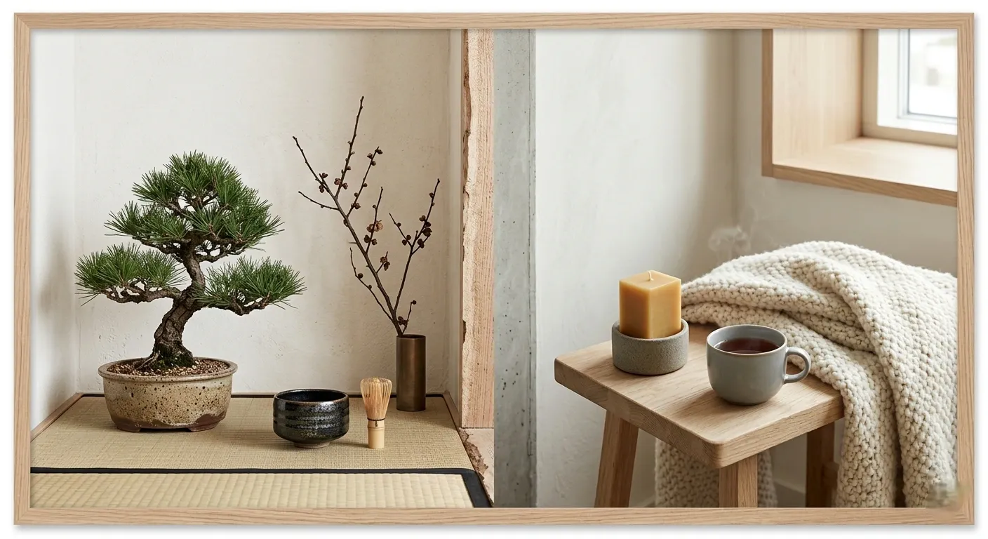 Comparatif visuel japandi : coin japonais avec bonsaï et tatami face à coin scandinave avec bougie, laine et thé, fusionnés dans une même déco