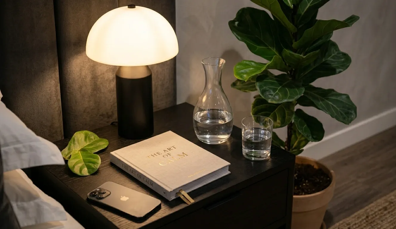 Lampe de chevet, vase et carafes sur une table de nuit avec plante d’intérieur, ambiance chaleureuse et décor moderne.