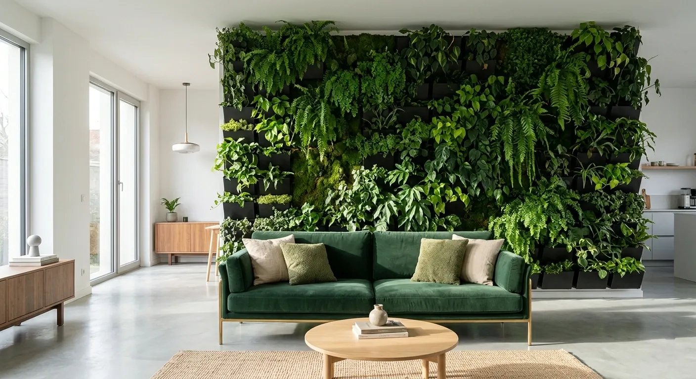 Salon moderne avec mur végétal vert dense, canapé vert émeraude et table basse ronde en bois clair