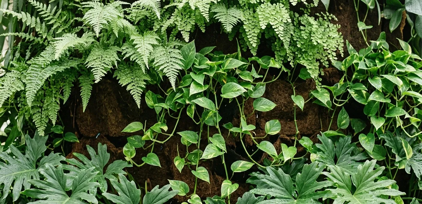 Gros plan mur végétal naturel avec fougères, pothos retombants et philodendrons aux textures variées