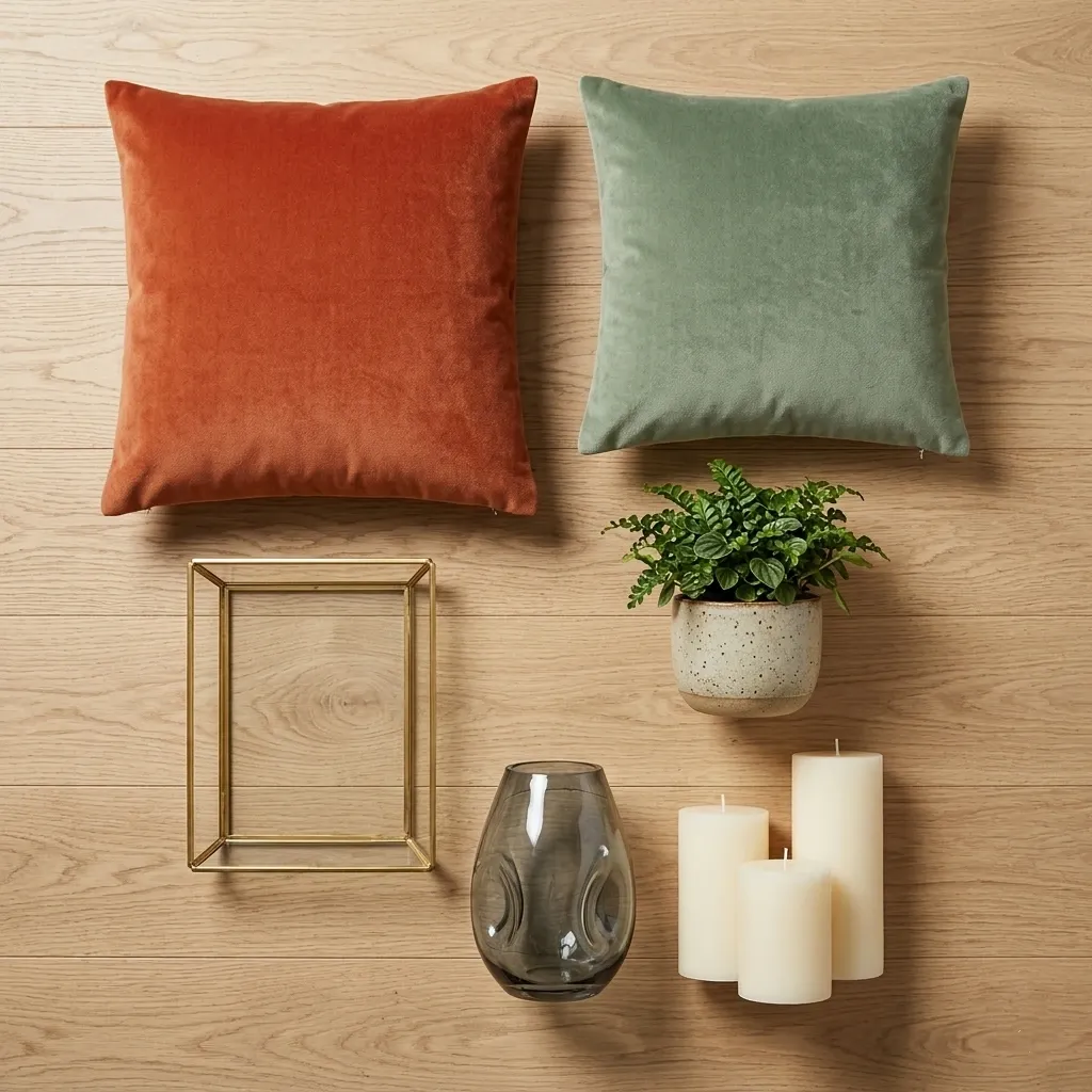 Coussins orange et vert sauge sur plan en bois, vase gris foncé, plante en pot, bougies blanches et cadre géométrique doré.