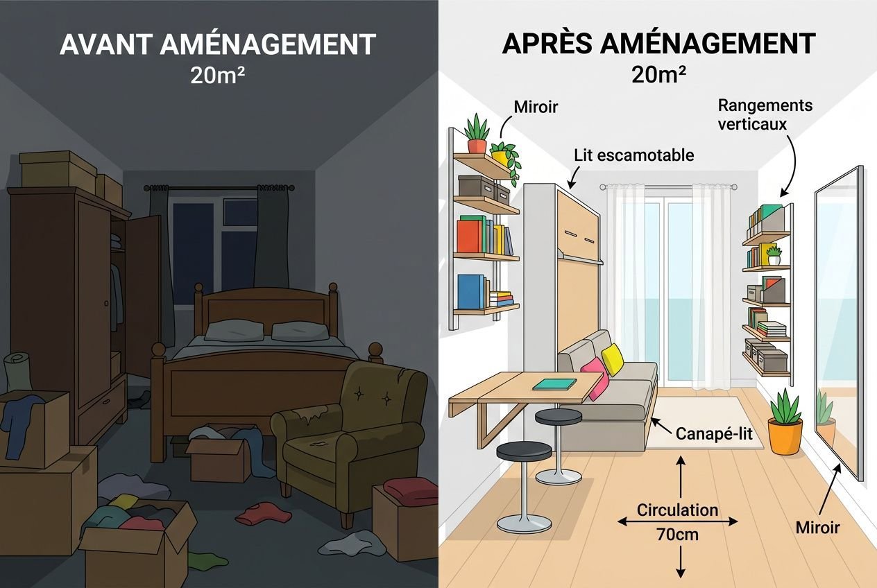 Comparaison studio avant et après aménagement